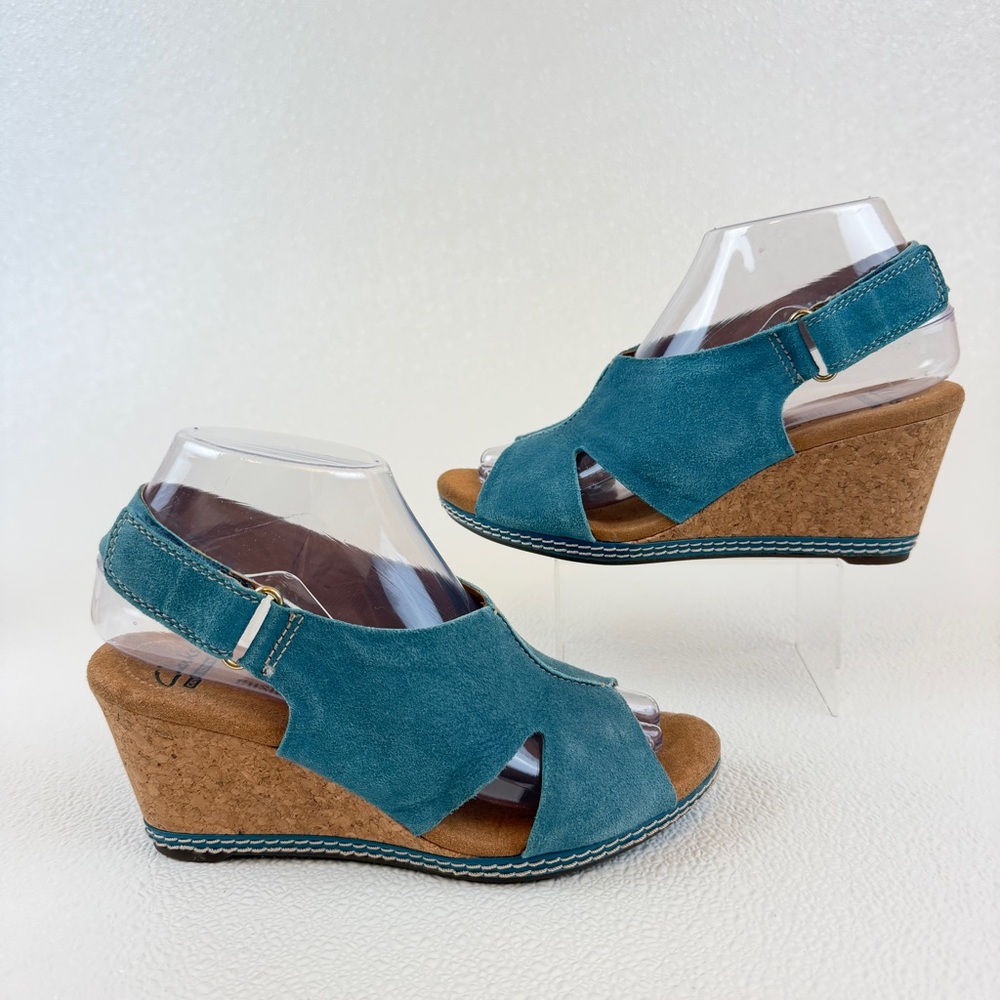 Clarks Collection Helio Float Cork Wedge Sandal, Teal / Blue Soft Suede Size 7 - Picture 6 of 9